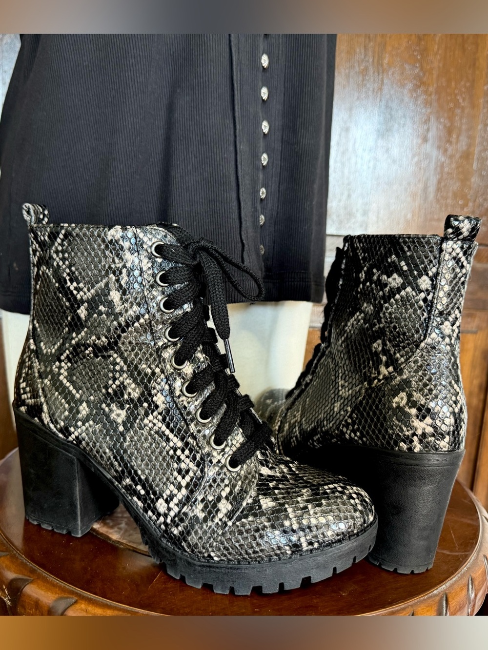 Snakeskin Lace Up Heeled Ankle Boots Lug Sole Edgy Fall Transition Time and Tru